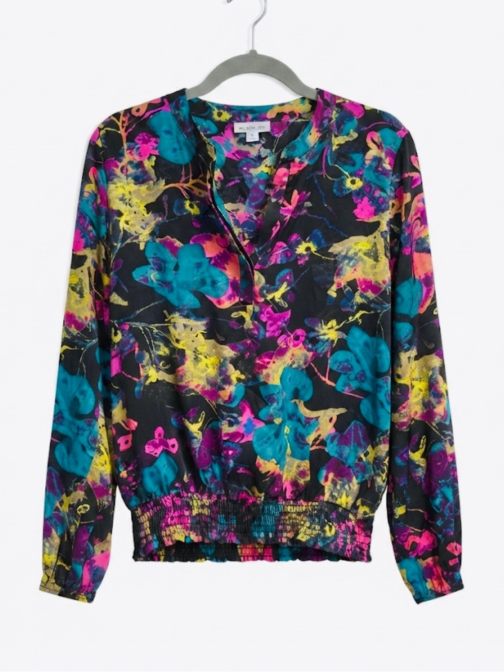 Allison Joy Evereve Smocked Waist Floral Blouse Size M Neon Bright EUC